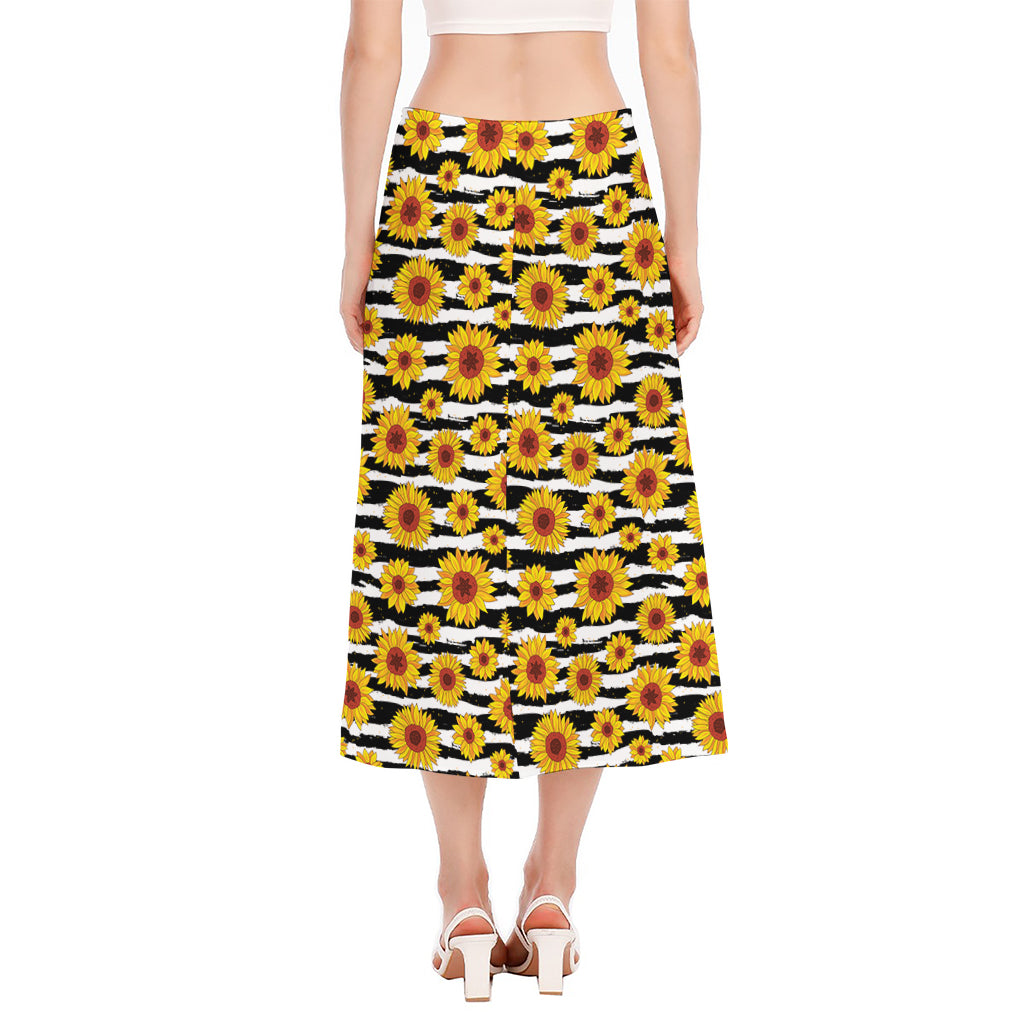 White And Black Stripe Sunflower Print Side Slit Midi Skirt