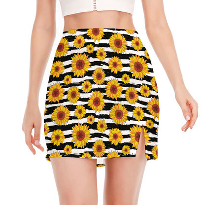 White And Black Stripe Sunflower Print Side Slit Mini Skirt