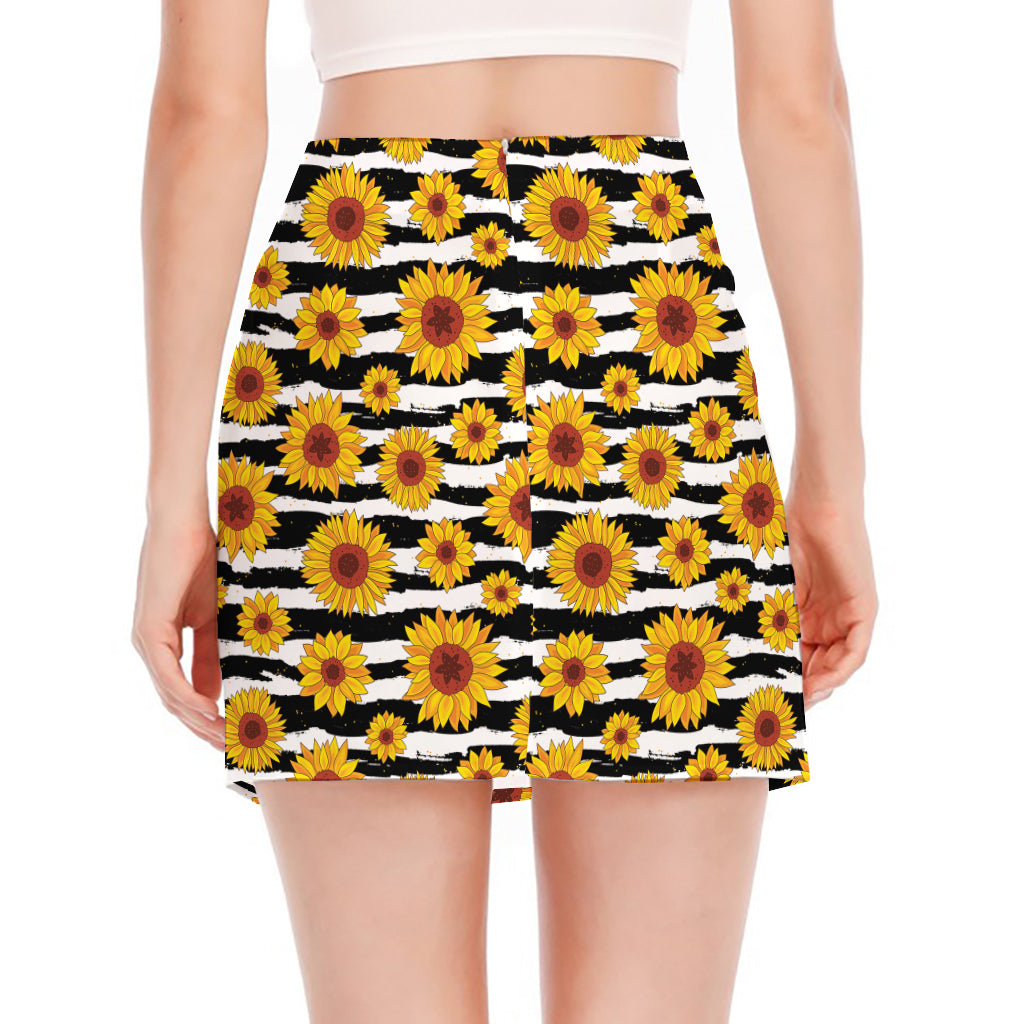 White And Black Stripe Sunflower Print Side Slit Mini Skirt