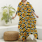 White And Black Stripe Sunflower Print Silk V-Neck Kaftan Dress
