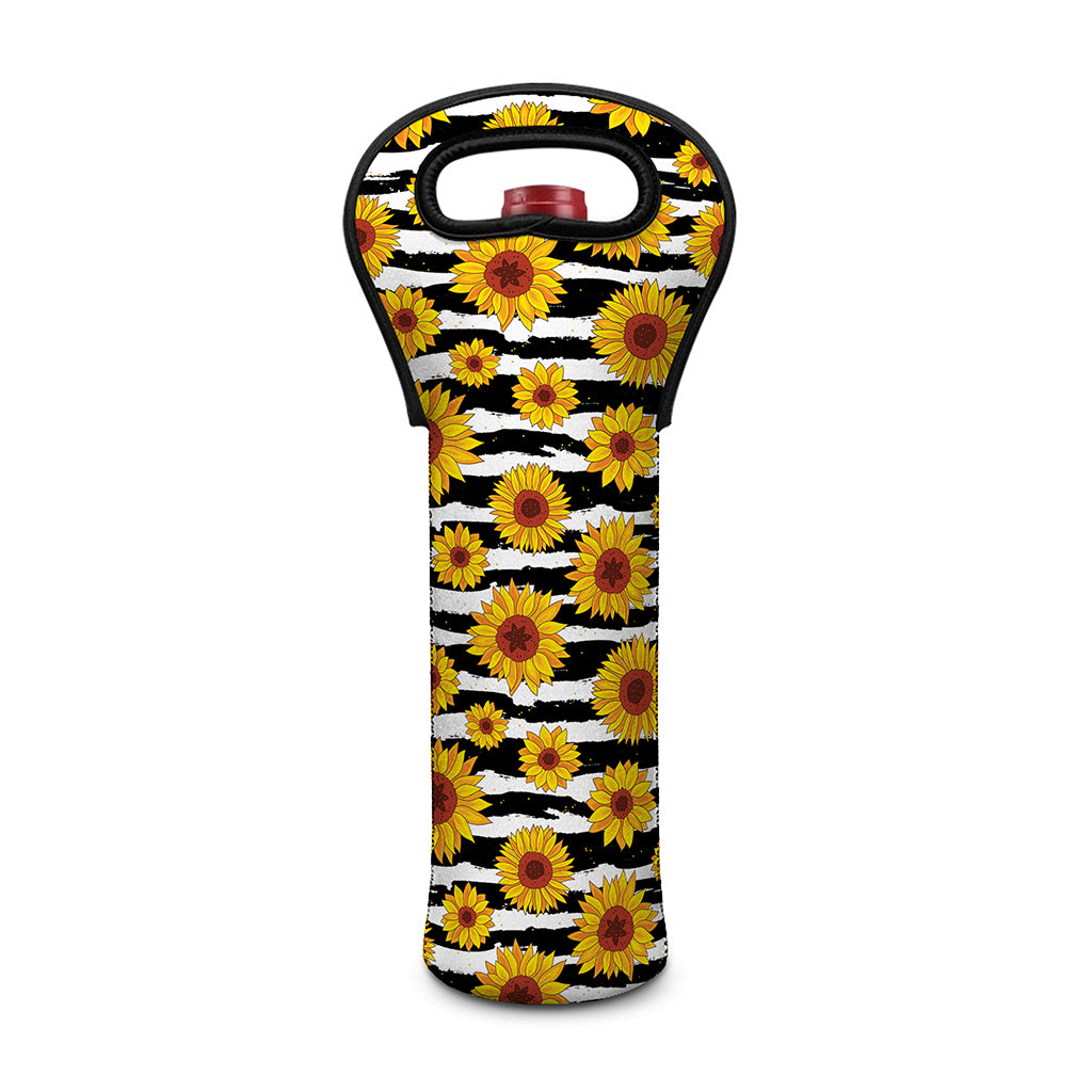 White And Black Stripe Sunflower Print Single Neoprene Wine Tote