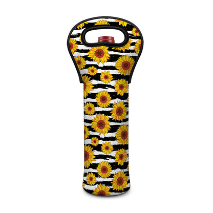 White And Black Stripe Sunflower Print Single Neoprene Wine Tote