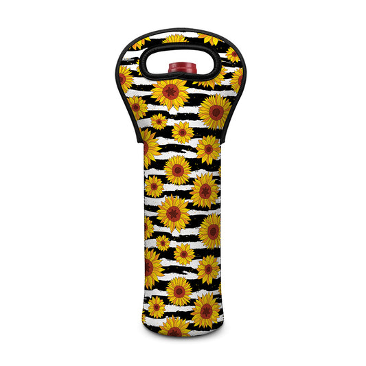 White And Black Stripe Sunflower Print Single Neoprene Wine Tote