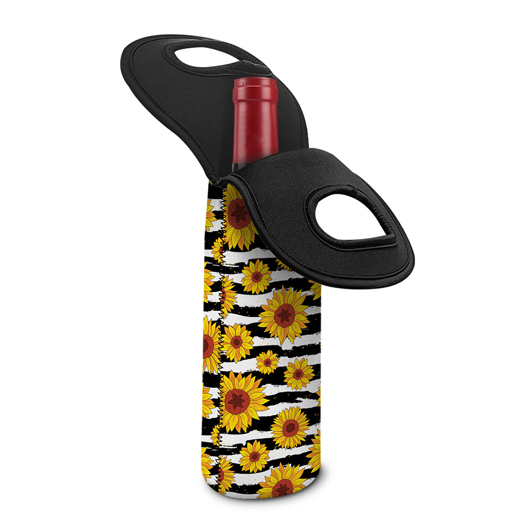 White And Black Stripe Sunflower Print Single Neoprene Wine Tote