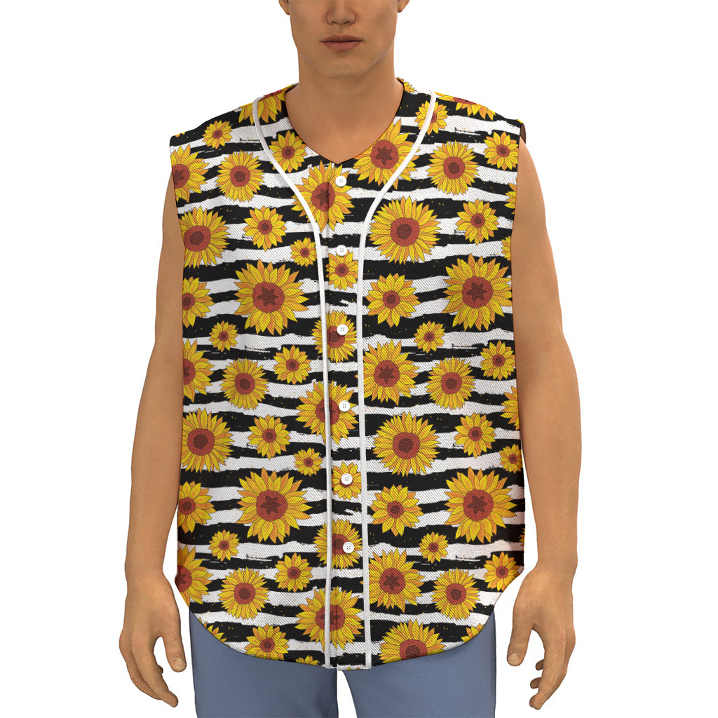 White And Black Stripe Sunflower Print Sleeveless Baseball Jersey