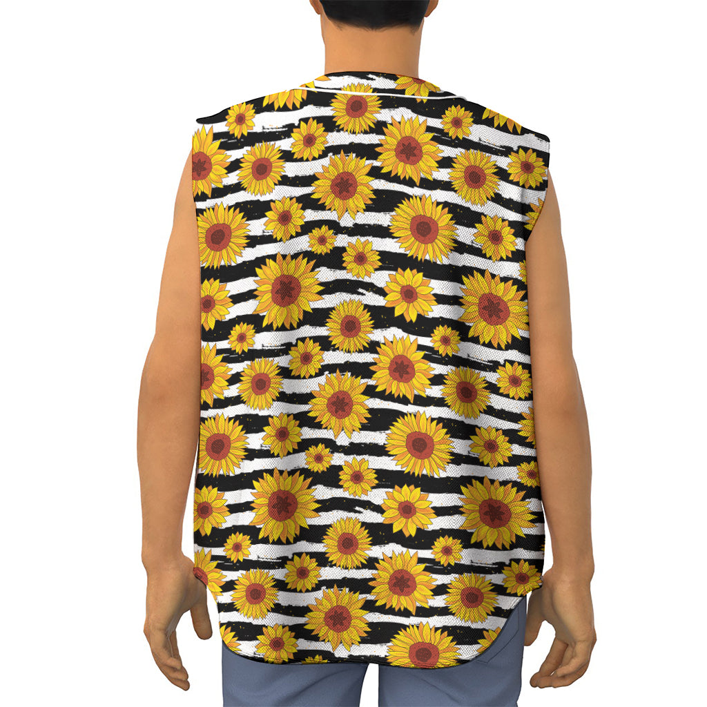 White And Black Stripe Sunflower Print Sleeveless Baseball Jersey