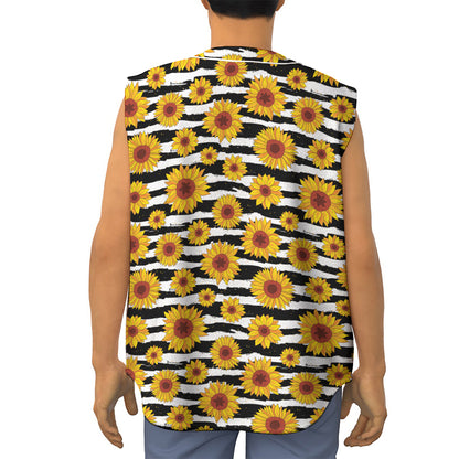 White And Black Stripe Sunflower Print Sleeveless Baseball Jersey