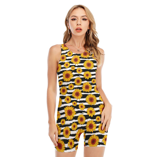 White And Black Stripe Sunflower Print Sleeveless One Piece Swimsuit