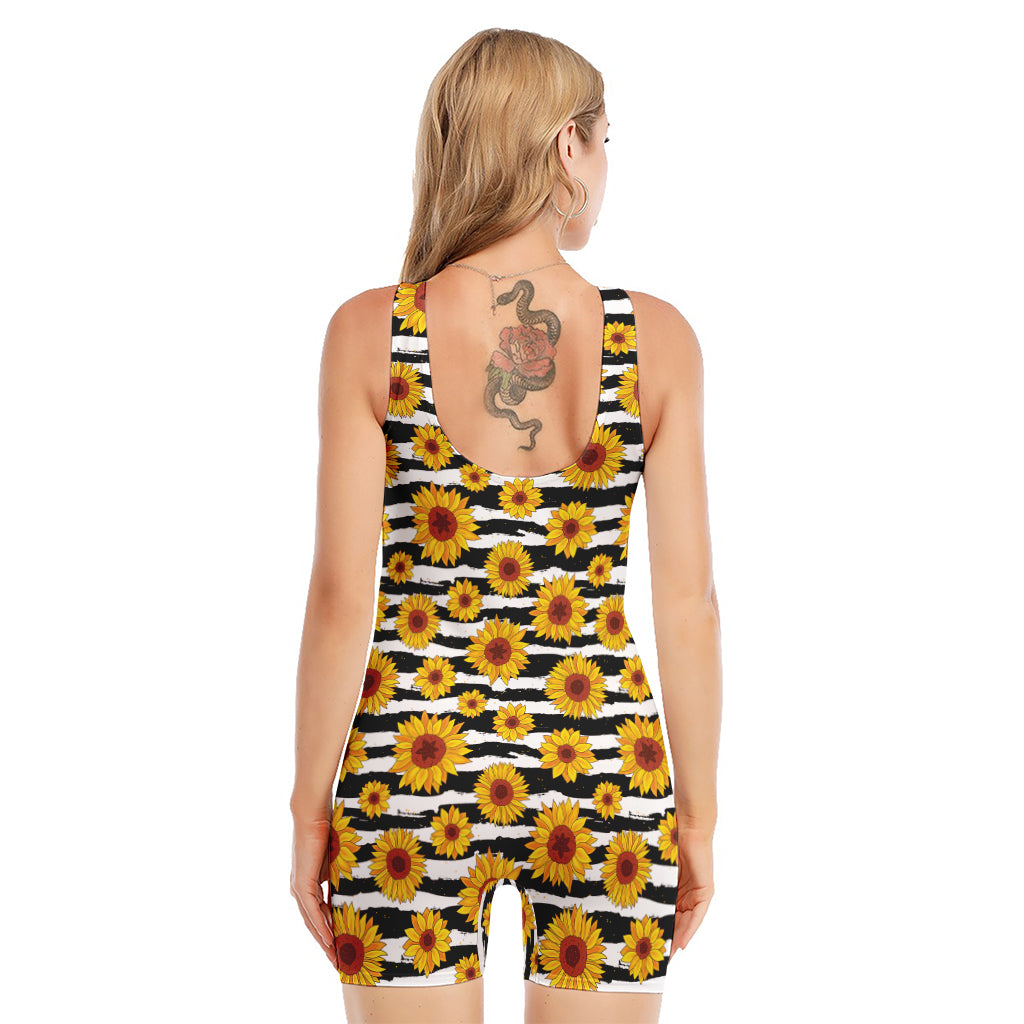 White And Black Stripe Sunflower Print Sleeveless One Piece Swimsuit