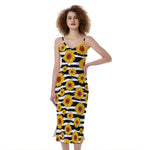 White And Black Stripe Sunflower Print Slim Fit Midi Cami Dress