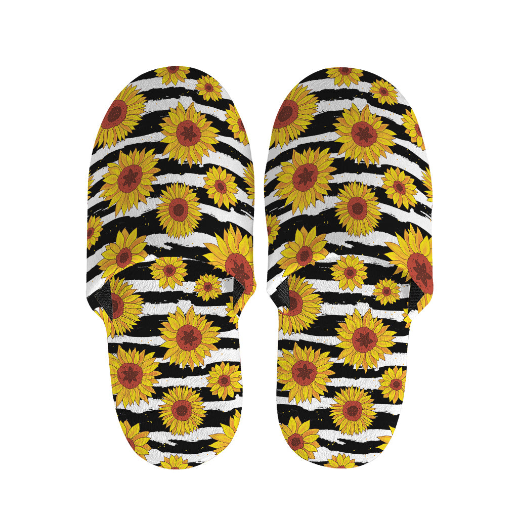 White And Black Stripe Sunflower Print Slippers