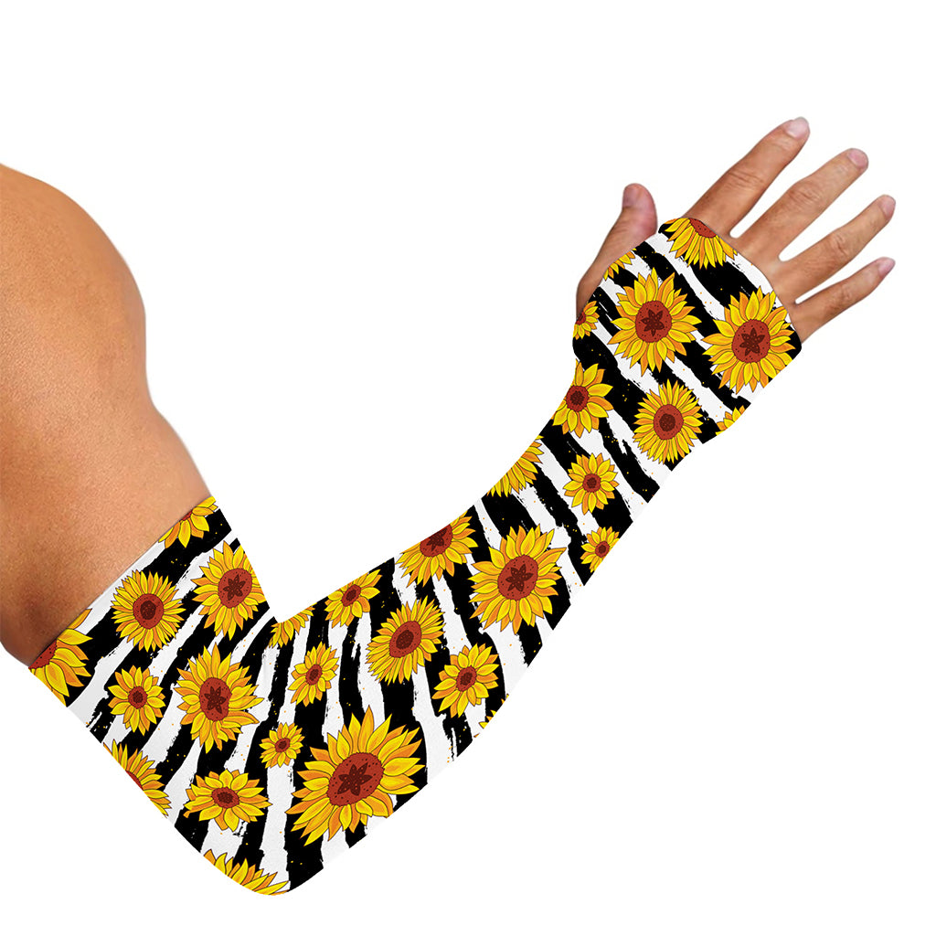 White And Black Stripe Sunflower Print Sun Protection Arm Sleeves