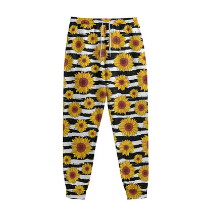 White And Black Stripe Sunflower Print Sweatpants