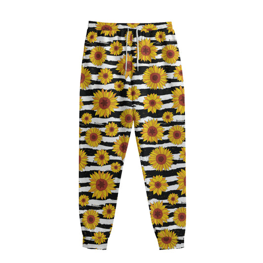 White And Black Stripe Sunflower Print Sweatpants
