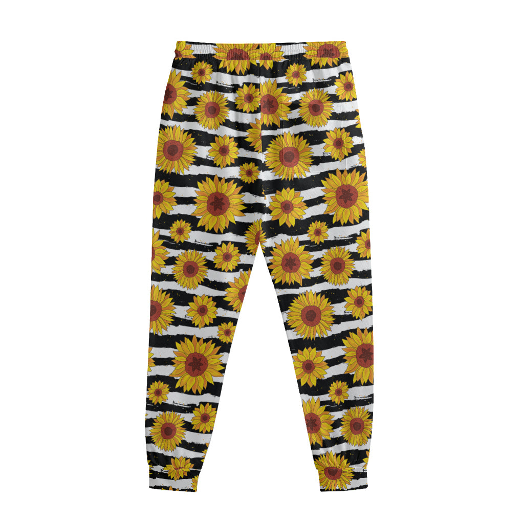 White And Black Stripe Sunflower Print Sweatpants