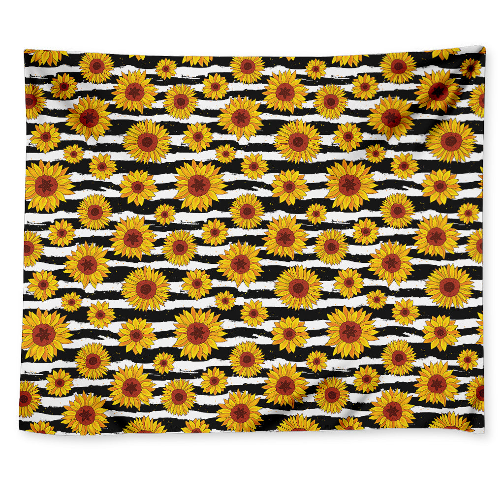 White And Black Stripe Sunflower Print Tapestry