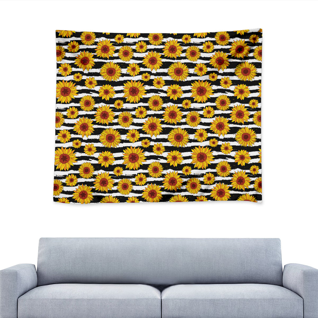 White And Black Stripe Sunflower Print Tapestry