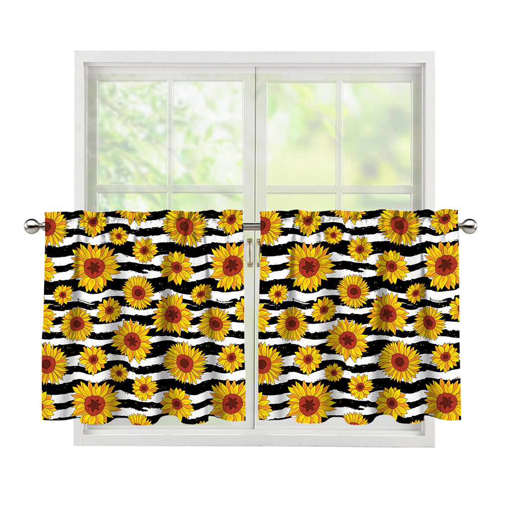 White And Black Stripe Sunflower Print Tier Curtains