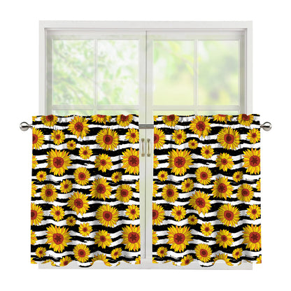 White And Black Stripe Sunflower Print Tier Curtains
