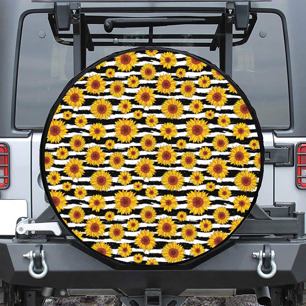 White And Black Stripe Sunflower Print Tire Cover
