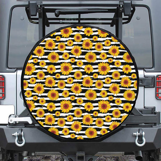 White And Black Stripe Sunflower Print Tire Cover