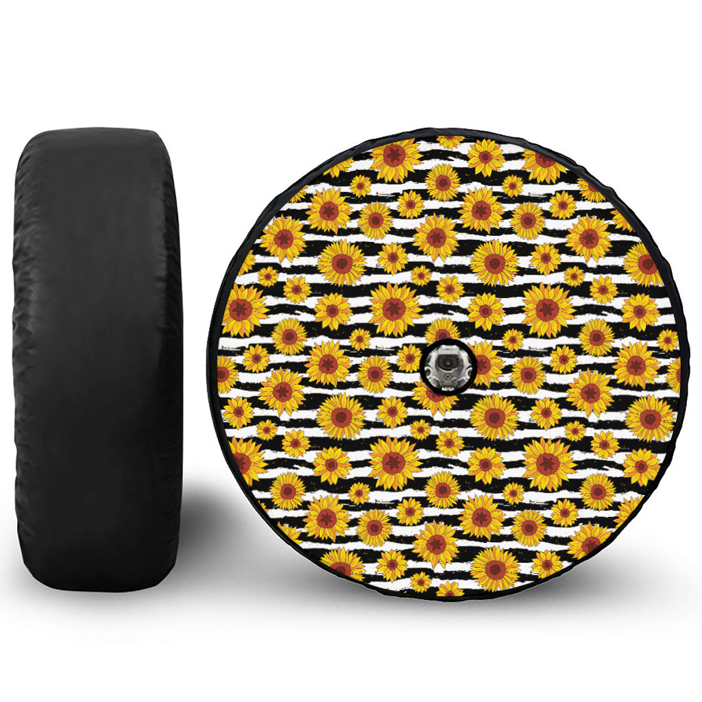 White And Black Stripe Sunflower Print Tire Cover With Camera Hole