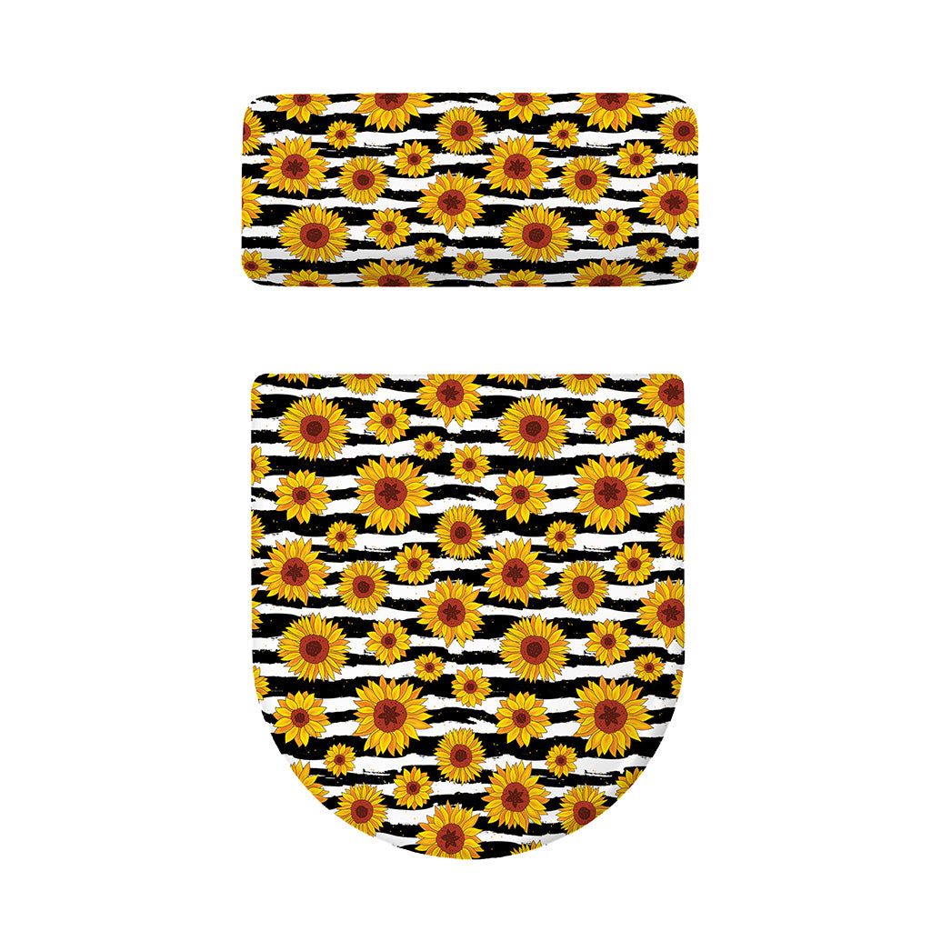 White And Black Stripe Sunflower Print Toilet Lid And Tank Cover Set
