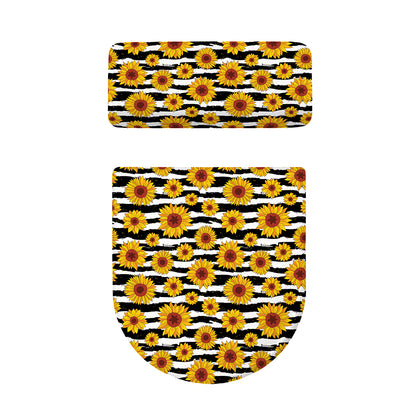White And Black Stripe Sunflower Print Toilet Lid And Tank Cover Set