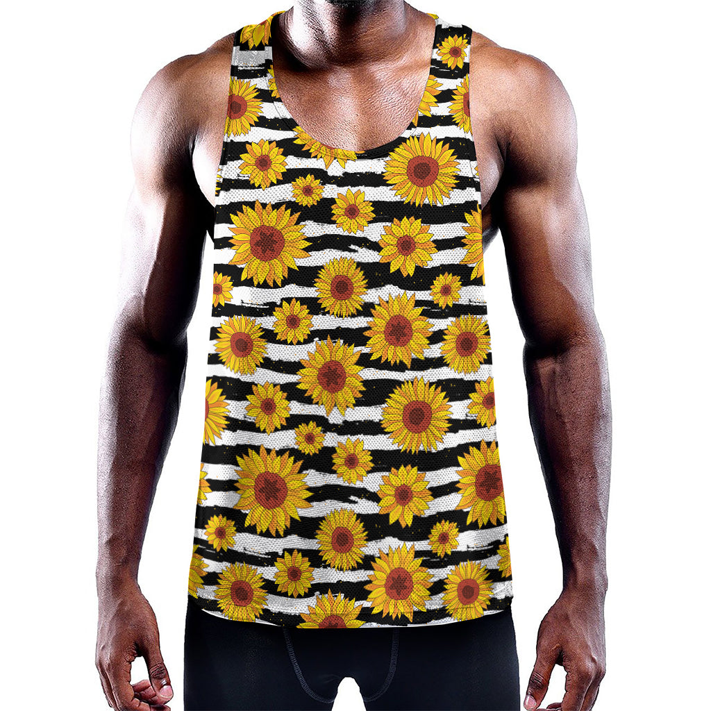 White And Black Stripe Sunflower Print Training Tank Top
