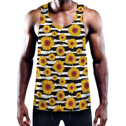 White And Black Stripe Sunflower Print Training Tank Top