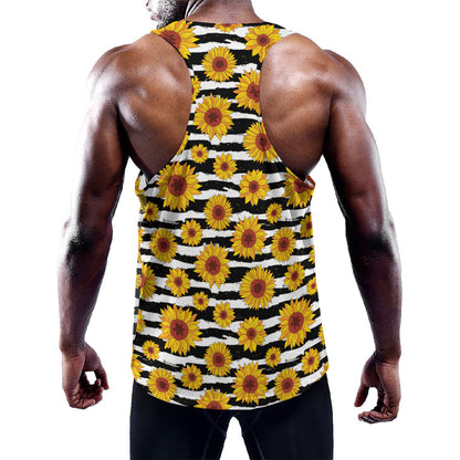 White And Black Stripe Sunflower Print Training Tank Top