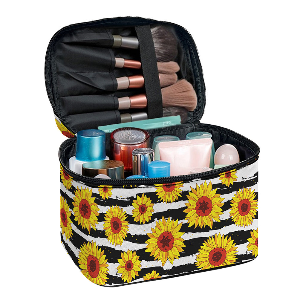 White And Black Stripe Sunflower Print Travel Makeup Bag