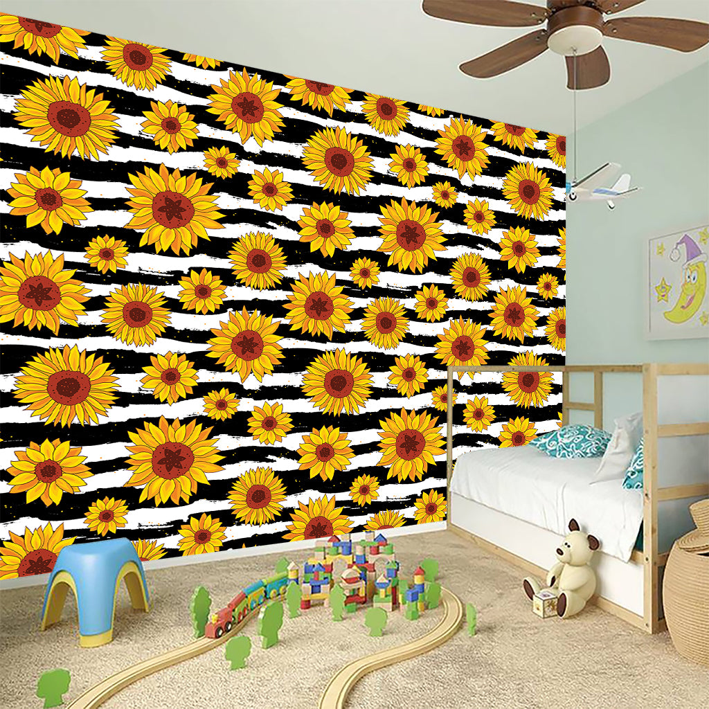 White And Black Stripe Sunflower Print Wall Sticker