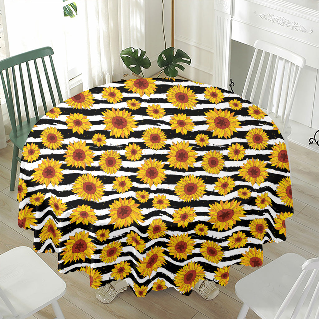 White And Black Stripe Sunflower Print Waterproof Round Tablecloth