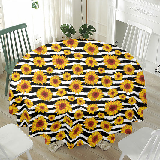 White And Black Stripe Sunflower Print Waterproof Round Tablecloth