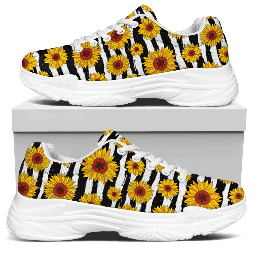White And Black Stripe Sunflower Print White Chunky Shoes