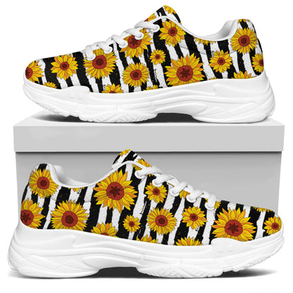 White And Black Stripe Sunflower Print White Chunky Shoes