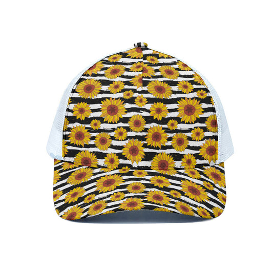 White And Black Stripe Sunflower Print White Mesh Trucker Cap