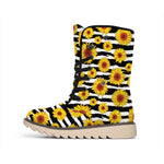 White And Black Stripe Sunflower Print Winter Boots