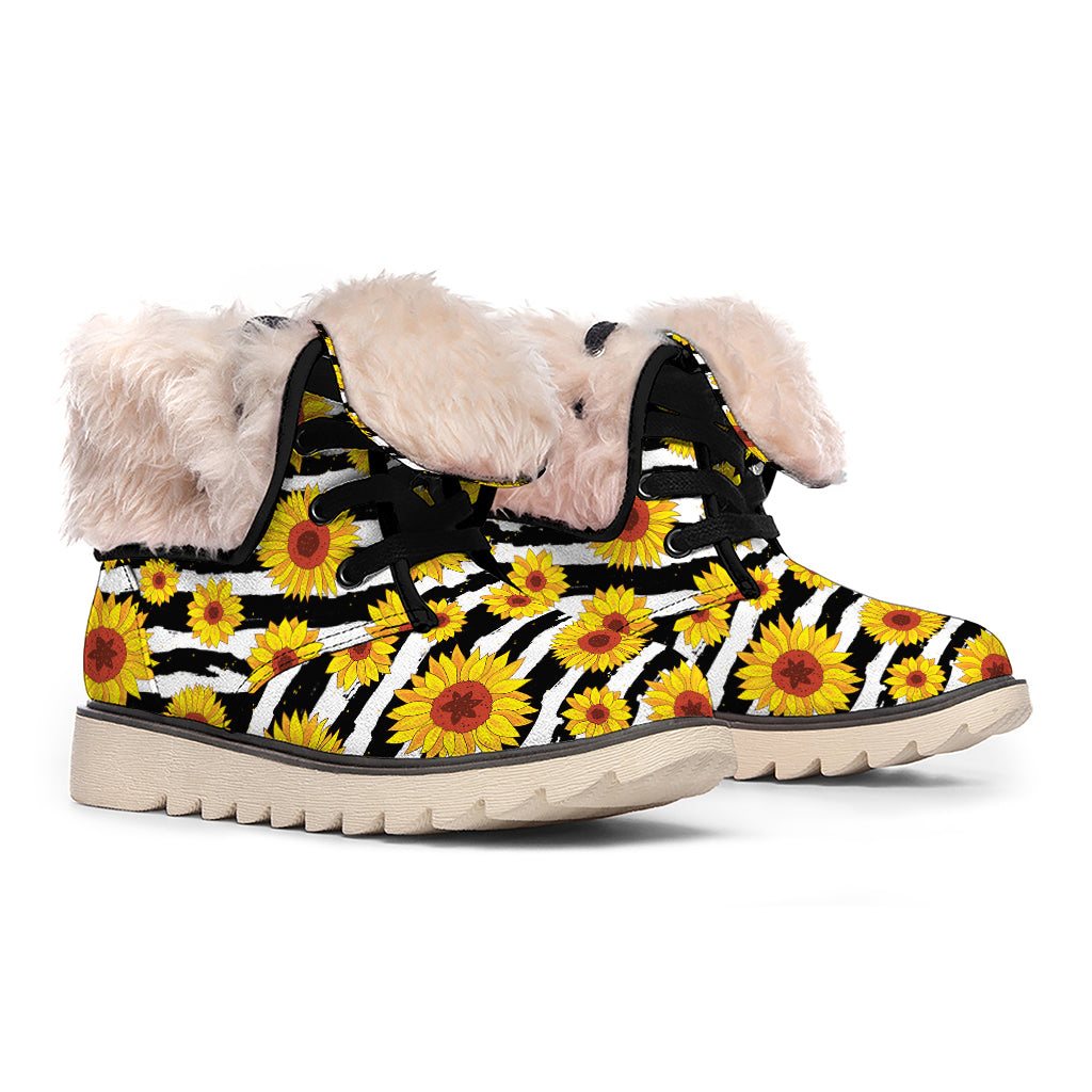 White And Black Stripe Sunflower Print Winter Boots