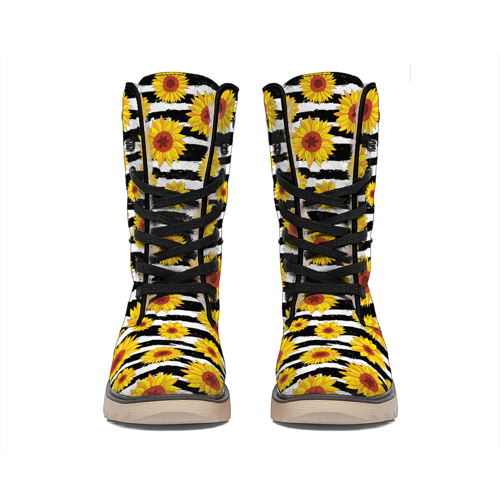 White And Black Stripe Sunflower Print Winter Boots