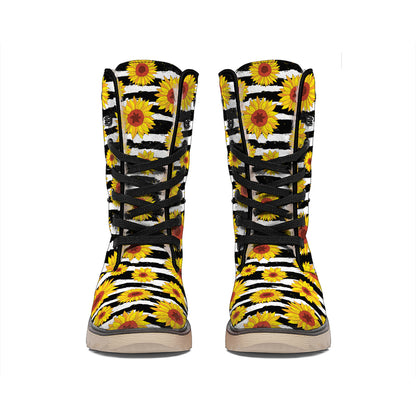 White And Black Stripe Sunflower Print Winter Boots