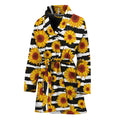 White And Black Stripe Sunflower Print Women's Bathrobe