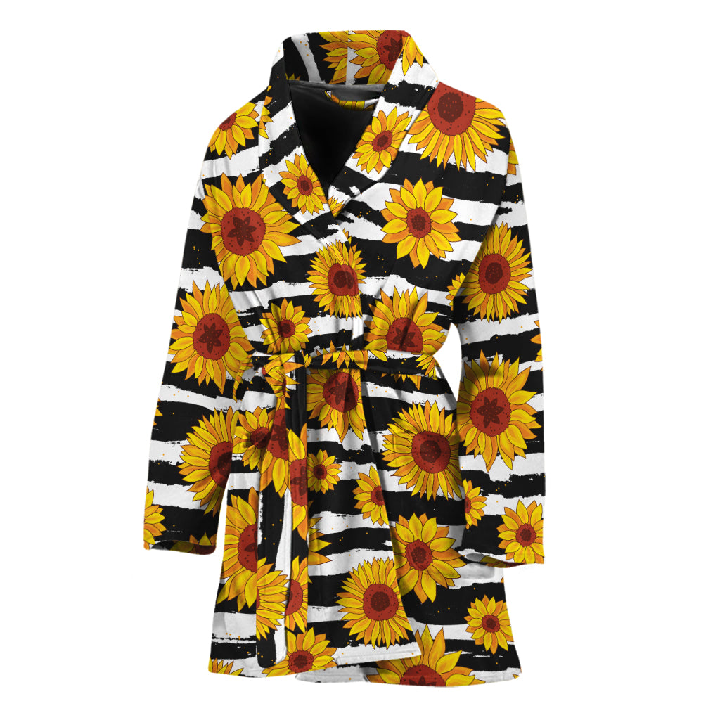 White And Black Stripe Sunflower Print Women's Bathrobe