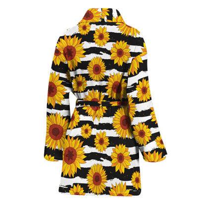 White And Black Stripe Sunflower Print Women's Bathrobe