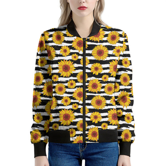 White And Black Stripe Sunflower Print Women's Bomber Jacket