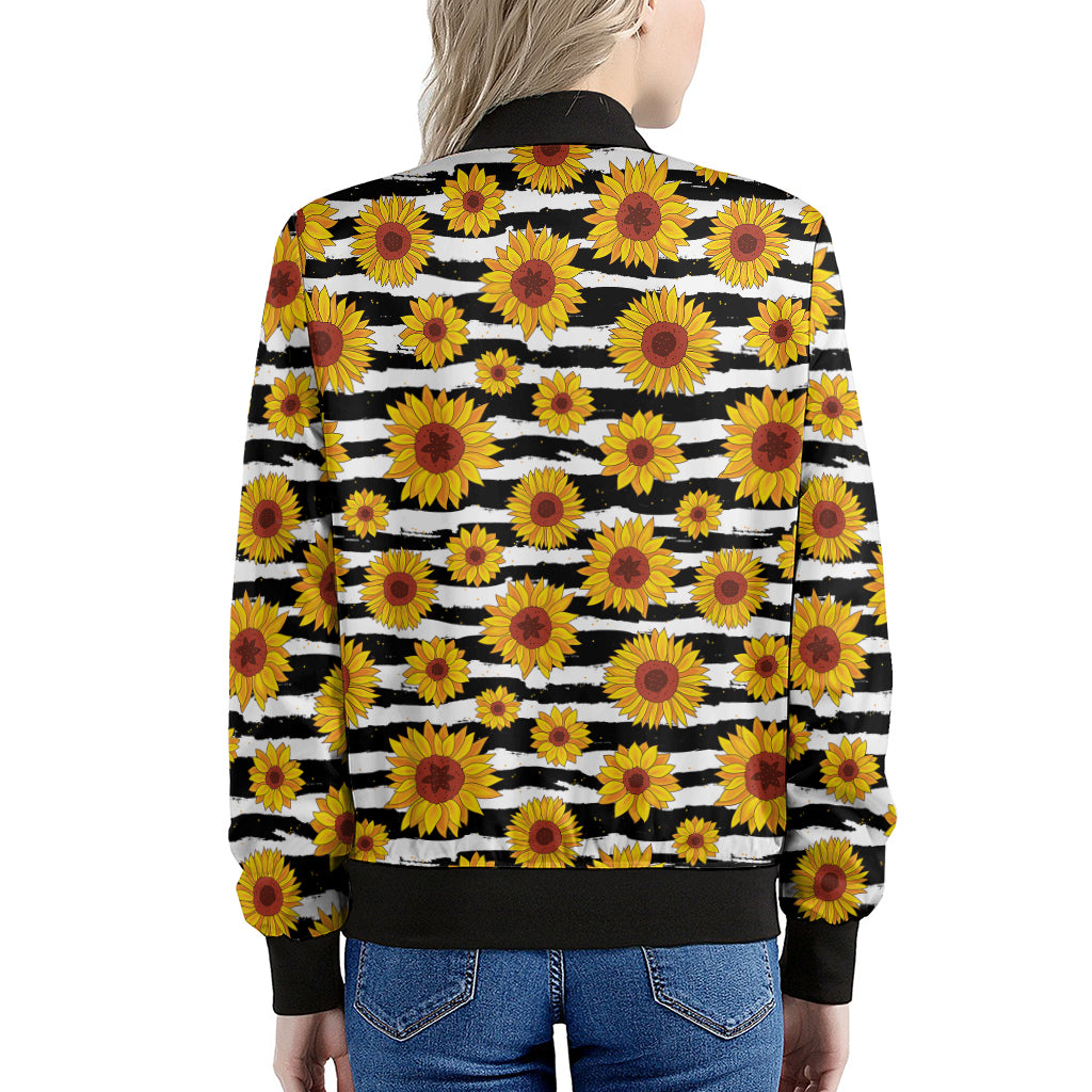 White And Black Stripe Sunflower Print Women's Bomber Jacket