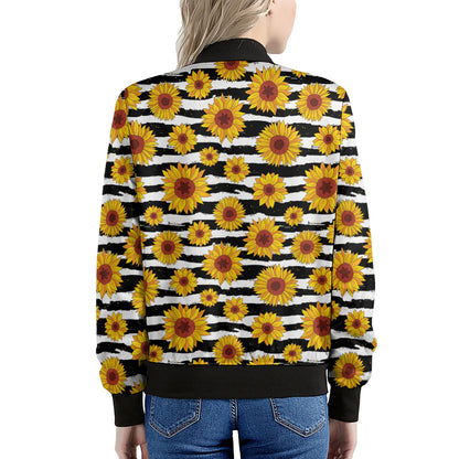 White And Black Stripe Sunflower Print Women's Bomber Jacket