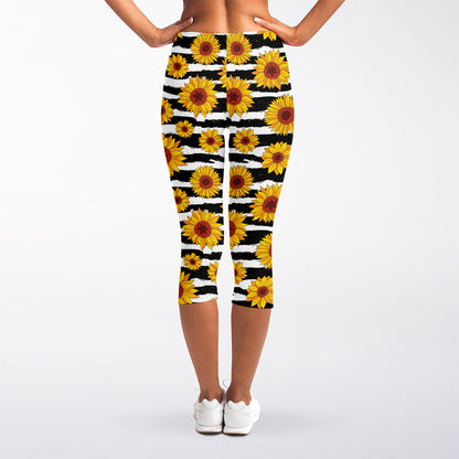 White And Black Stripe Sunflower Print Women's Capri Leggings