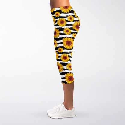 White And Black Stripe Sunflower Print Women's Capri Leggings